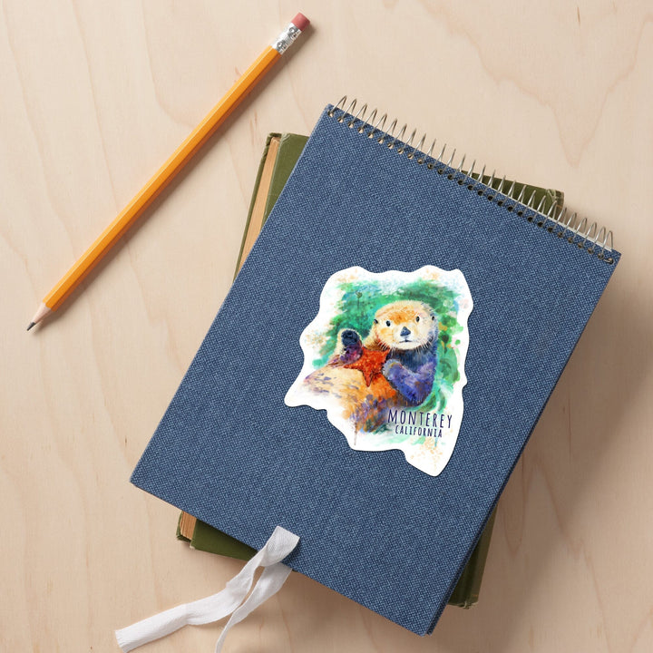 Monterey, California, Sea Otter, Watercolor, Contour, Vinyl Sticker Sticker Lantern Press