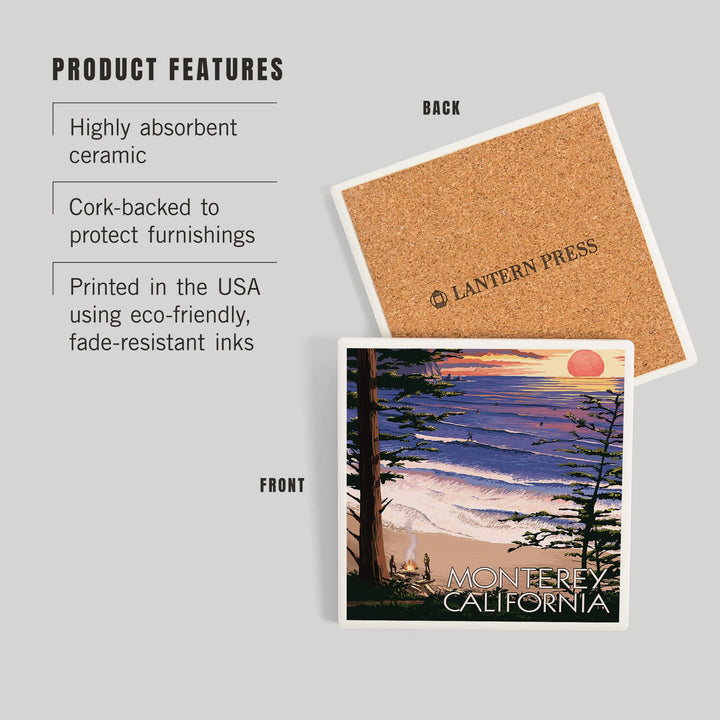 Monterey, California, Sunset and Beach, Coasters Coasters Lantern Press