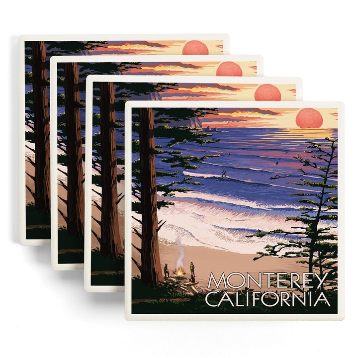 Monterey, California, Sunset and Beach, Coasters Coasters Lantern Press