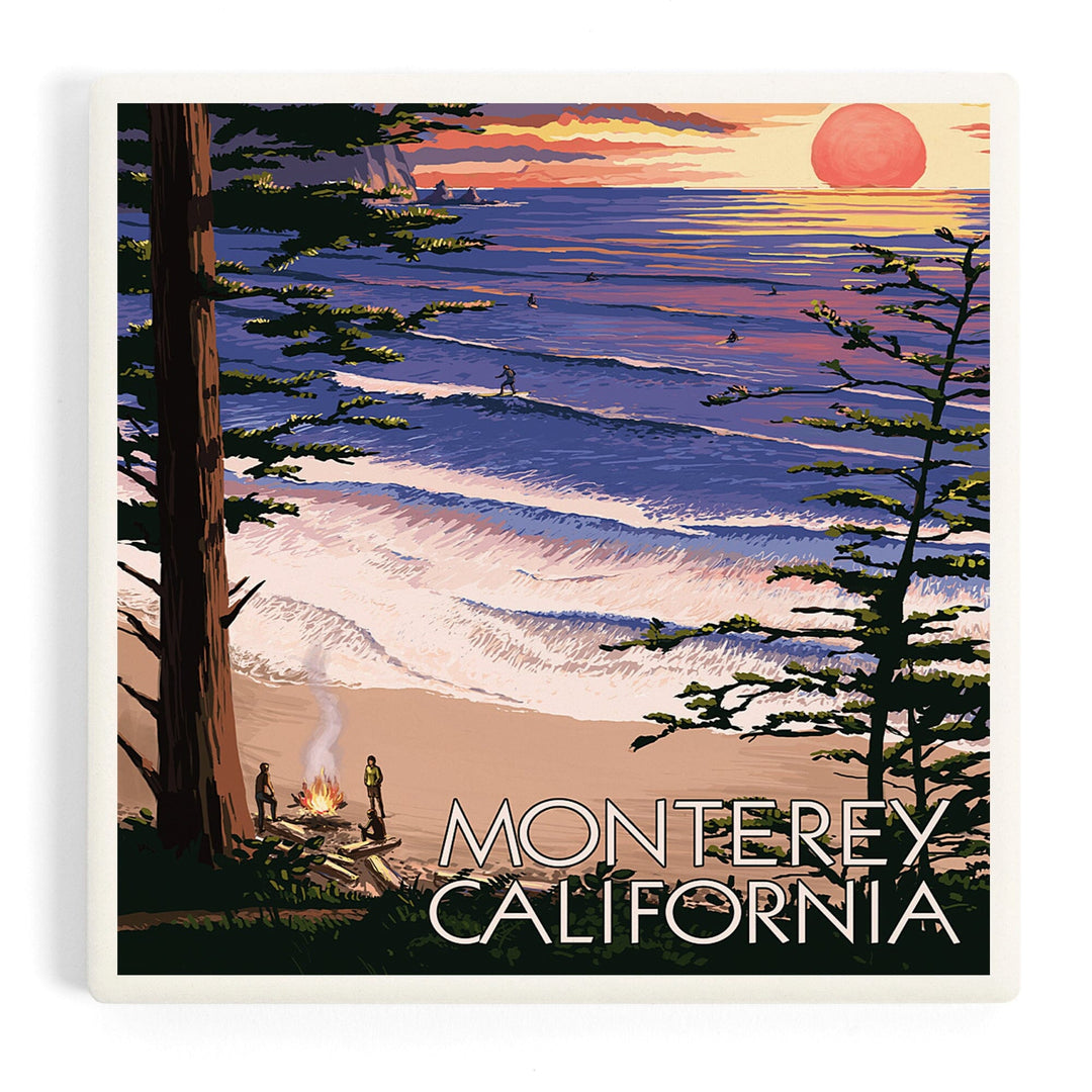 Monterey, California, Sunset and Beach, Coasters Coasters Lantern Press Coaster