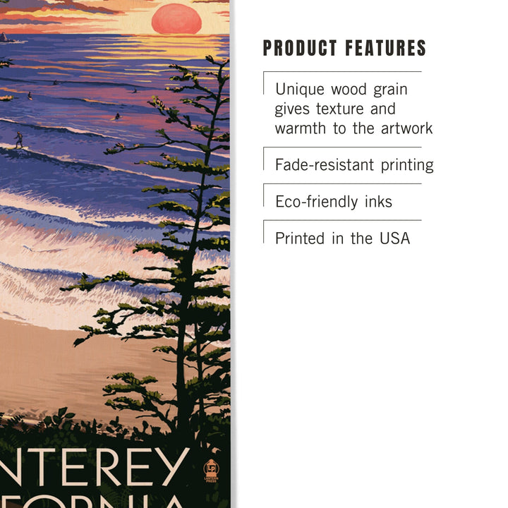 Monterey, California, Sunset & Beach, Lantern Press Artwork, Wood Signs and Postcards Wood Lantern Press