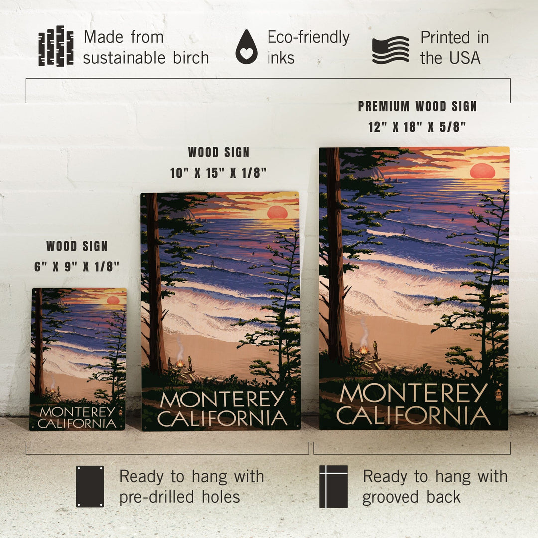 Monterey, California, Sunset & Beach, Lantern Press Artwork, Wood Signs and Postcards Wood Lantern Press