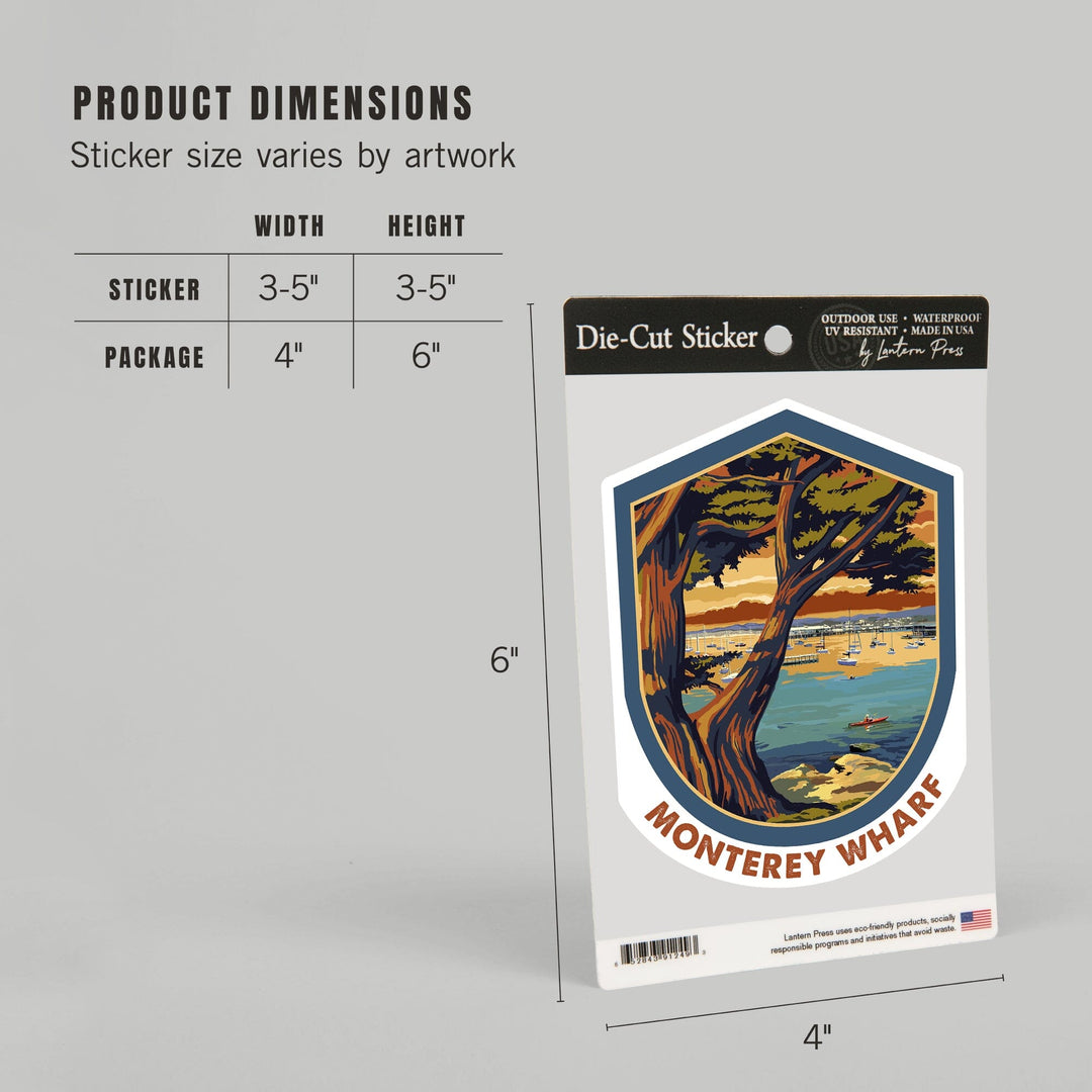Monterey Wharf, California, Coastal Scene, Contour, Lantern Press Artwork, Vinyl Sticker Sticker Lantern Press
