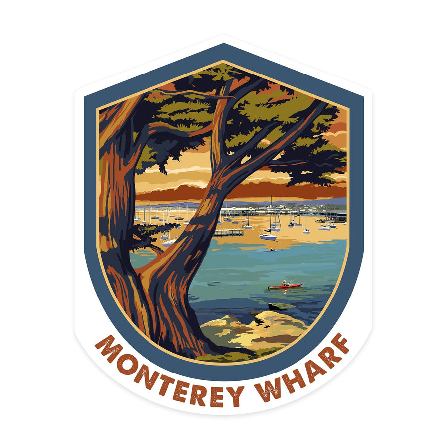 Monterey Wharf, California, Coastal Scene, Contour, Lantern Press Artwork, Vinyl Sticker Sticker Lantern Press
