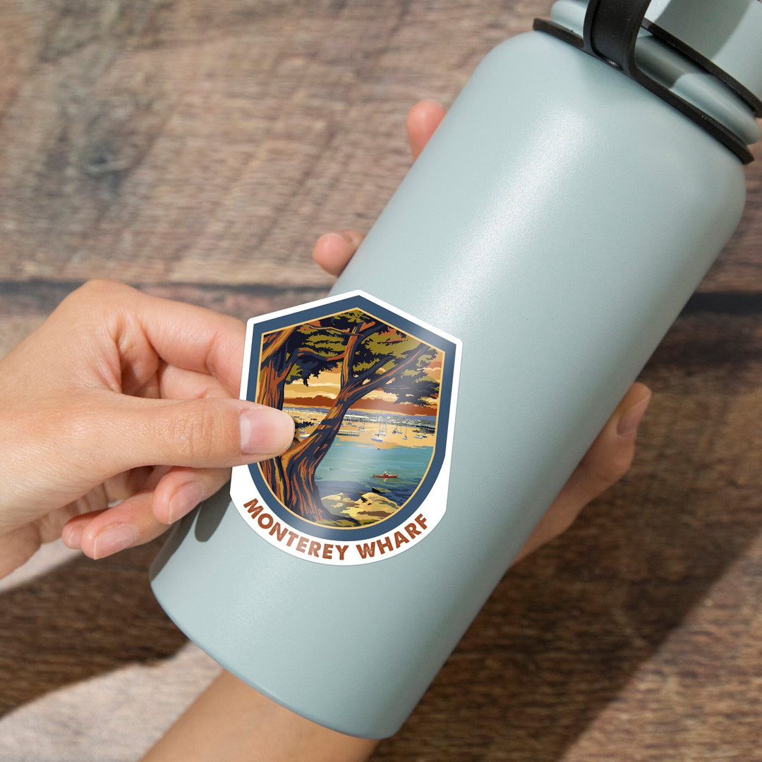 Monterey Wharf, California, Coastal Scene, Contour, Lantern Press Artwork, Vinyl Sticker Sticker Lantern Press