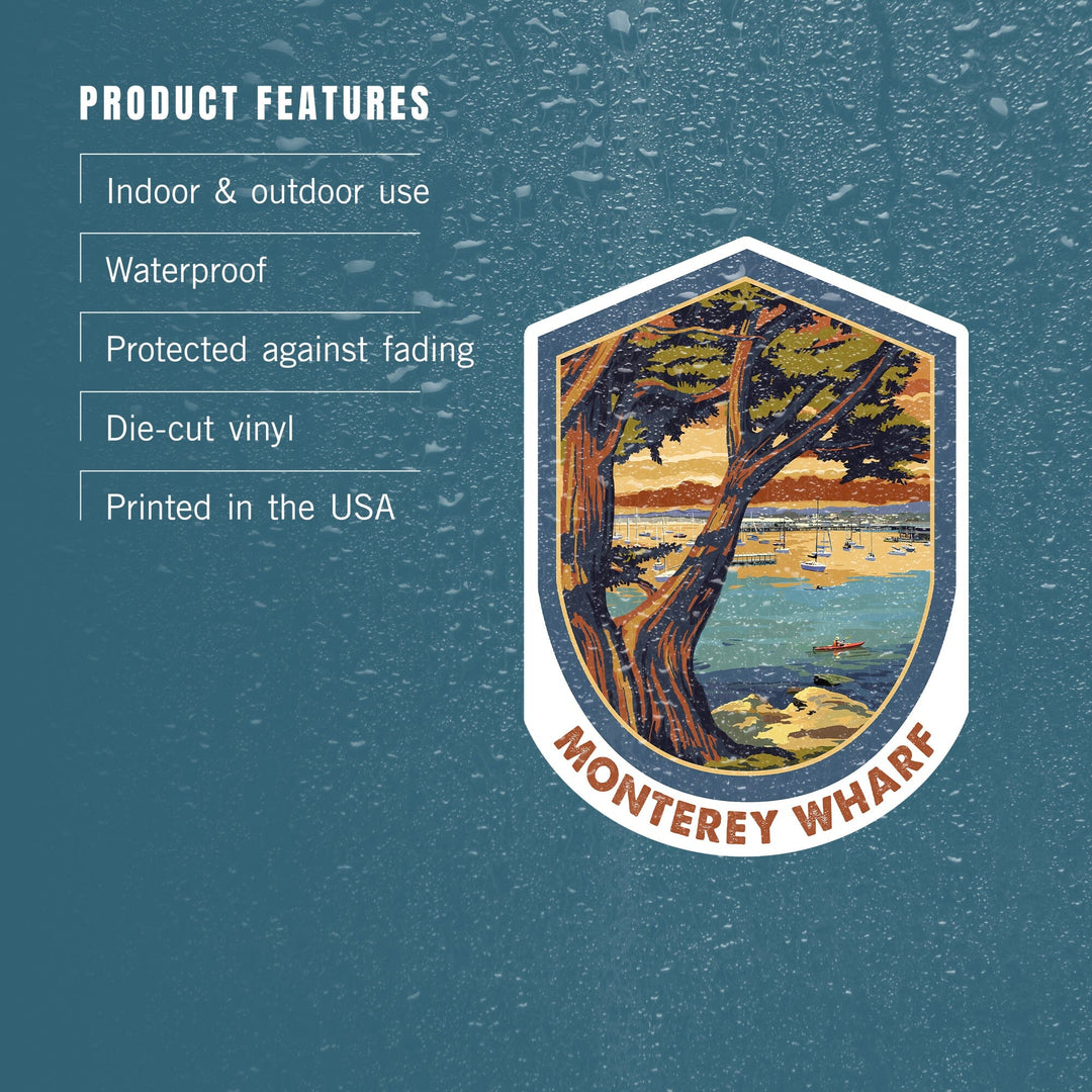 Monterey Wharf, California, Coastal Scene, Contour, Lantern Press Artwork, Vinyl Sticker Sticker Lantern Press