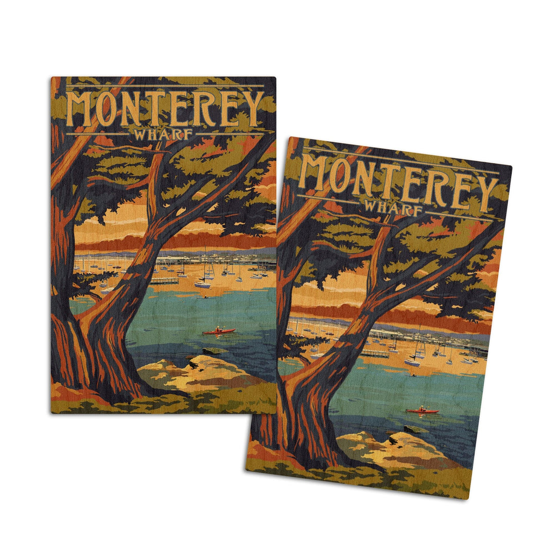 Monterey Wharf, California, Coastal Scene, Lantern Press Artwork, Wood Signs and Postcards Wood Lantern Press 4x6 Wood Postcard Set