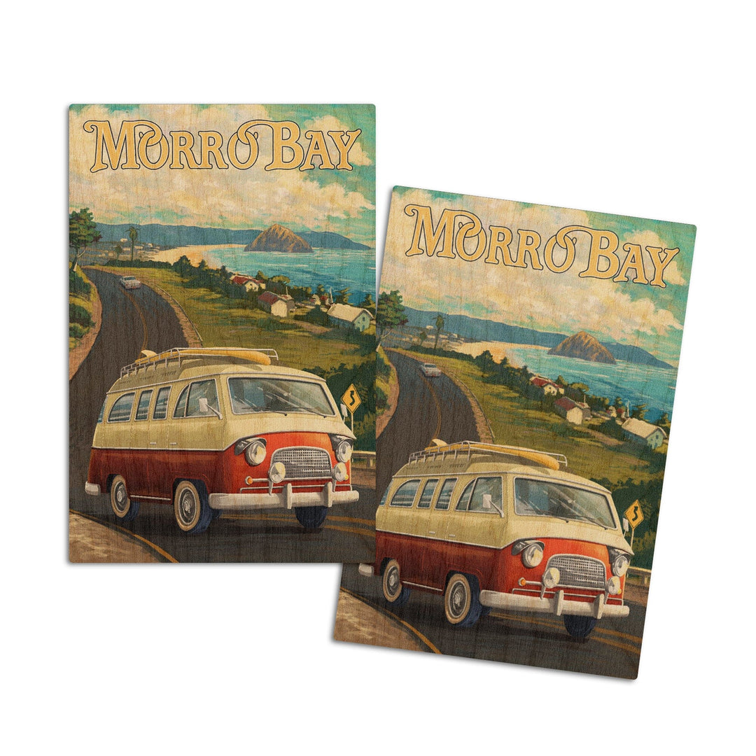 Morro Bay, California, Camper Van, Lantern Press Artwork, Wood Signs and Postcards Wood Lantern Press 4x6 Wood Postcard Set