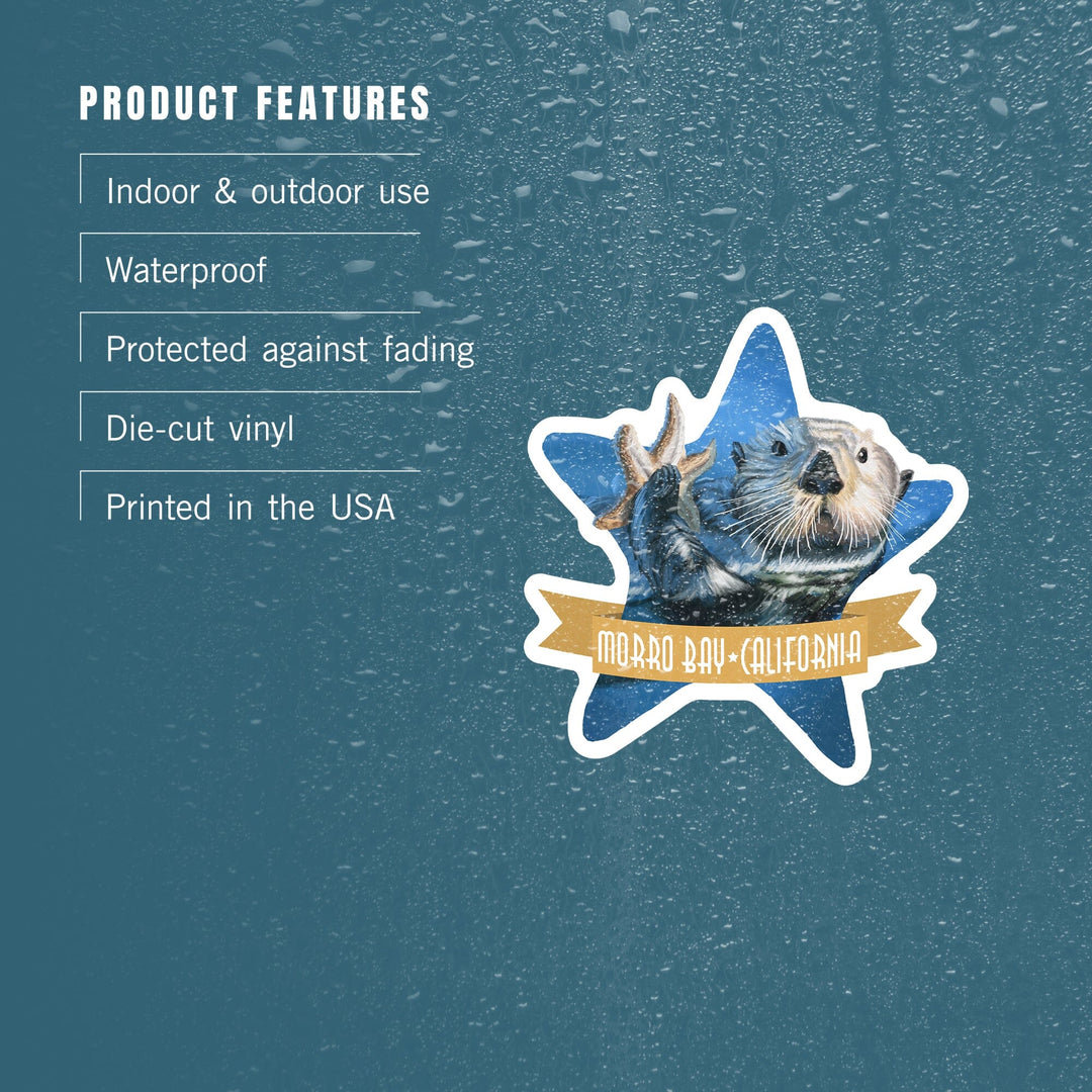 Morro Bay, California, Otter with Starfish, Contour, Lantern Press Artwork, Vinyl Sticker Sticker Lantern Press