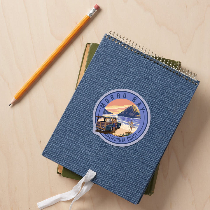 Morro Bay, California, Woody and Surfers on the Beach, Contour, Lantern Press Artwork, Vinyl Sticker Sticker Lantern Press