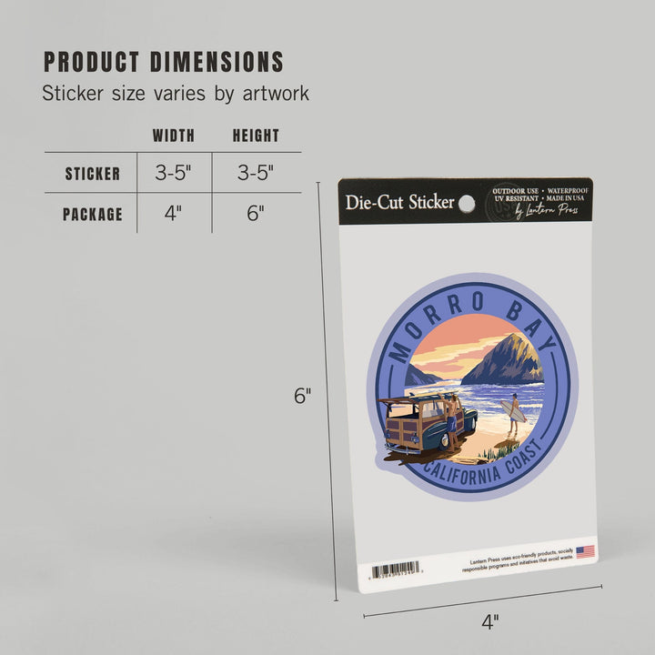 Morro Bay, California, Woody and Surfers on the Beach, Contour, Lantern Press Artwork, Vinyl Sticker Sticker Lantern Press