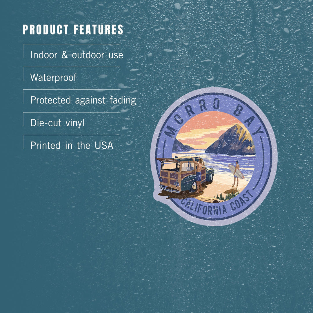 Morro Bay, California, Woody and Surfers on the Beach, Contour, Lantern Press Artwork, Vinyl Sticker Sticker Lantern Press