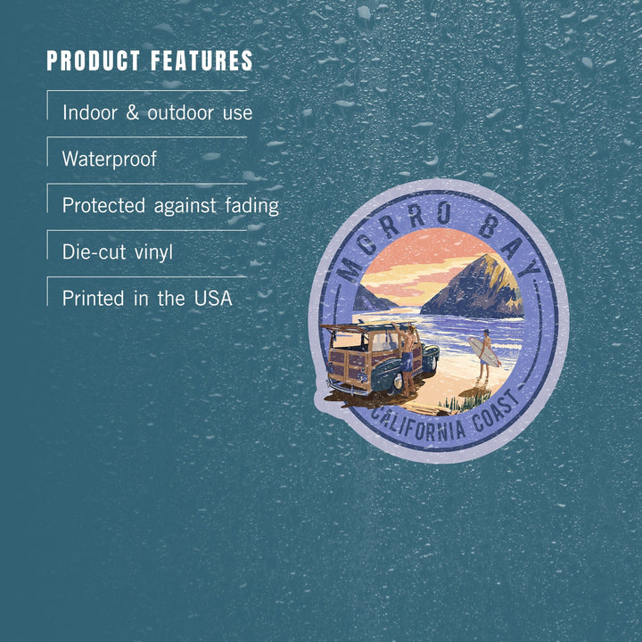 Morro Bay, California, Woody and Surfers on the Beach, Contour, Lantern Press Artwork, Vinyl Sticker Sticker Lantern Press
