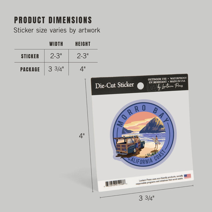 Morro Bay, California, Woody and Surfers on the Beach, Contour, Lantern Press Artwork, Vinyl Sticker Sticker Lantern Press