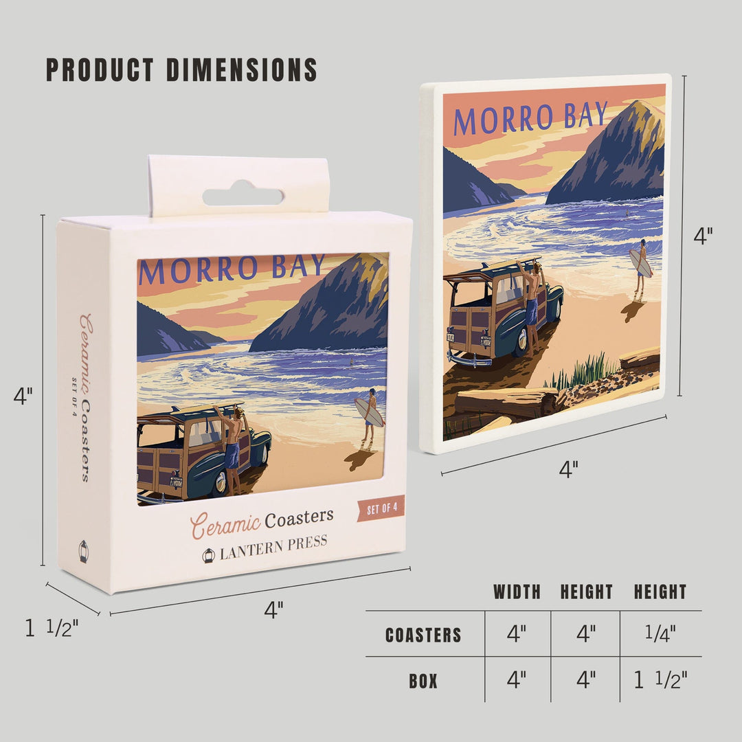 Morro Bay, California, Woody on Beach with Surfer, Coasters Coasters Lantern Press