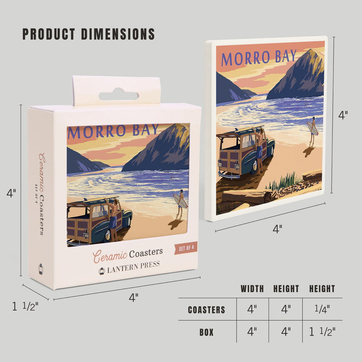 Morro Bay, California, Woody on Beach with Surfer, Coasters Coasters Lantern Press