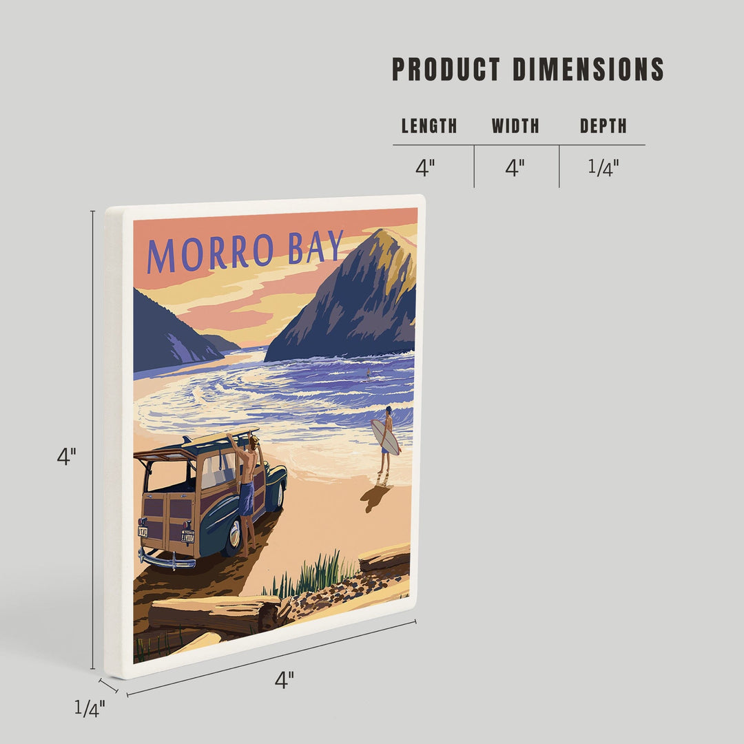 Morro Bay, California, Woody on Beach with Surfer, Coasters Coasters Lantern Press
