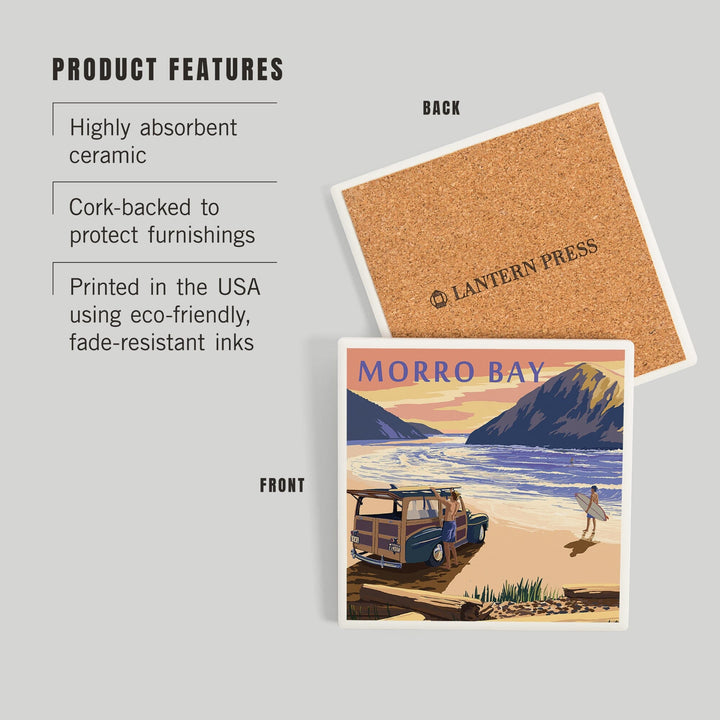Morro Bay, California, Woody on Beach with Surfer, Coasters Coasters Lantern Press