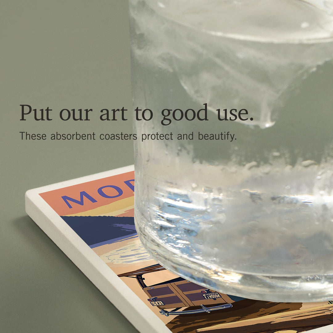 Morro Bay, California, Woody on Beach with Surfer, Coasters Coasters Lantern Press