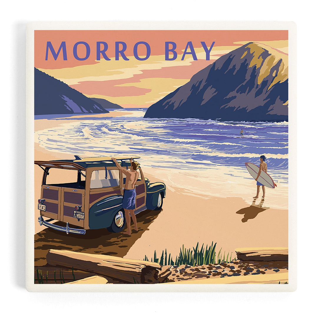 Morro Bay, California, Woody on Beach with Surfer, Coasters Coasters Lantern Press Coaster