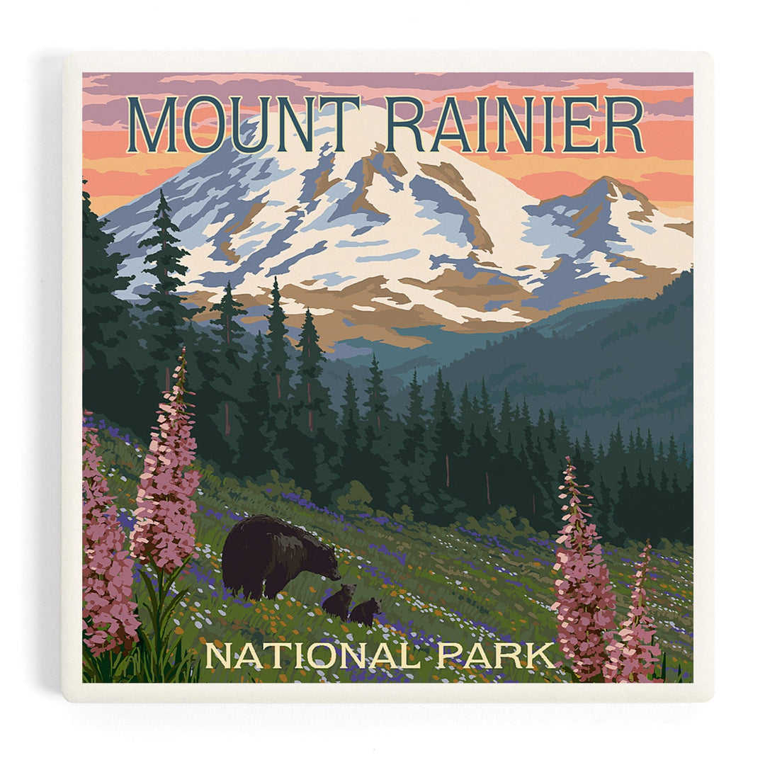 Mount Rainier National Park, Washington, Bear and Spring Flowers, Coasters Coasters Lantern Press