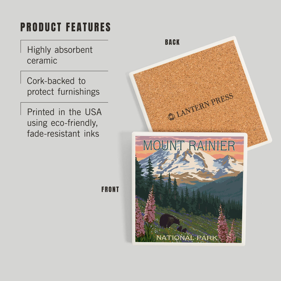 Mount Rainier National Park, Washington, Bear and Spring Flowers, Coasters Coasters Lantern Press