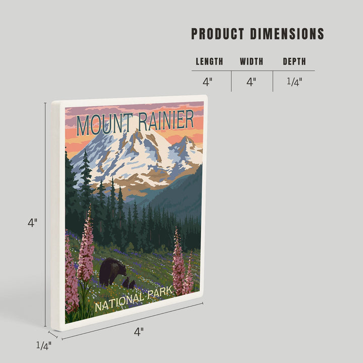 Mount Rainier National Park, Washington, Bear and Spring Flowers, Coasters Coasters Lantern Press