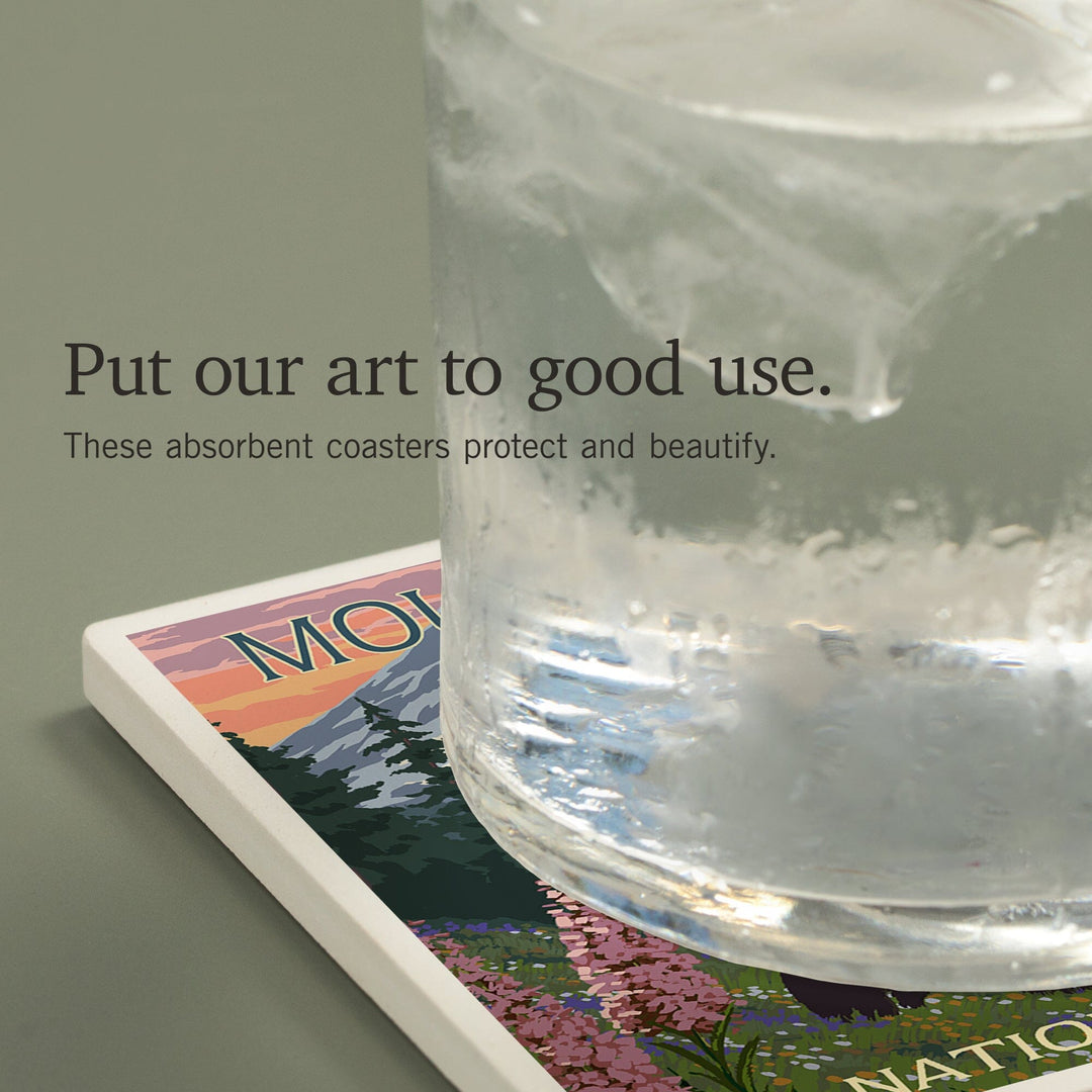 Mount Rainier National Park, Washington, Bear and Spring Flowers, Coasters Coasters Lantern Press