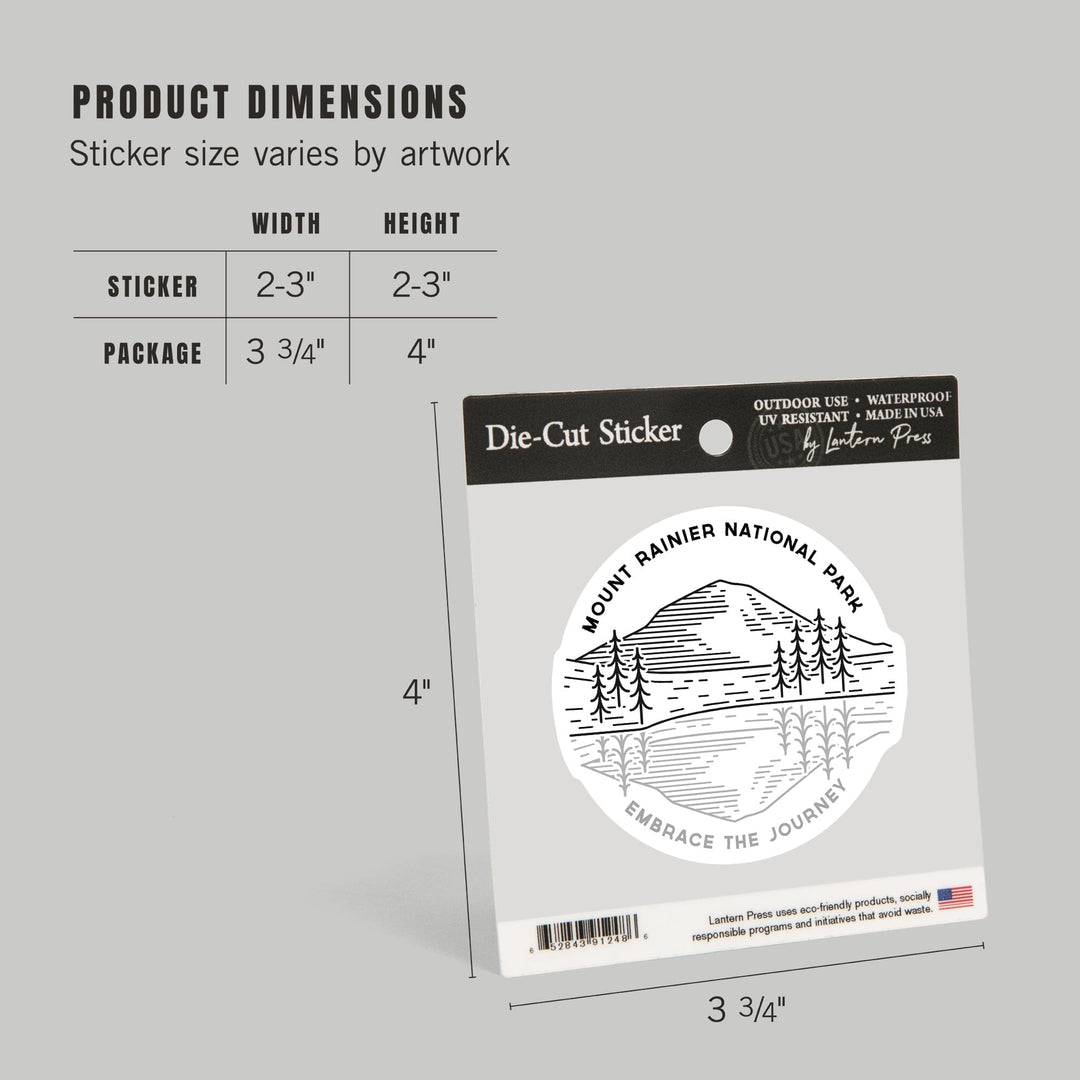 Mount Rainier National Park, Washington, Reflection Lake, Simple Lines, Contour, Lantern Press Artwork, Vinyl Sticker Sticker Lantern Press