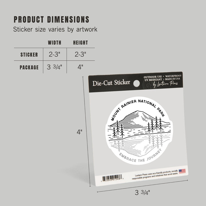 Mount Rainier National Park, Washington, Reflection Lake, Simple Lines, Contour, Lantern Press Artwork, Vinyl Sticker Sticker Lantern Press