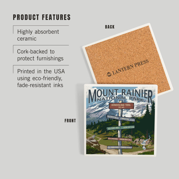 Mount Rainier National Park, Washington, Wonderland Trail Destination Sign Press, Coasters Coasters Lantern Press