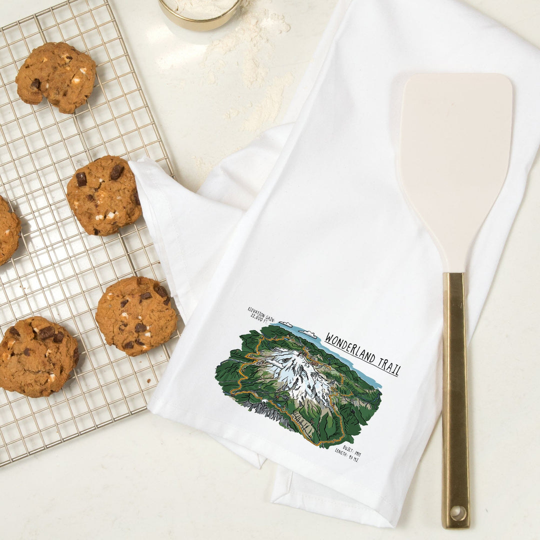 Mount Rainier, Wonderland Trail, Line Drawing, Organic Cotton Kitchen Tea Towels Kitchen Lantern Press