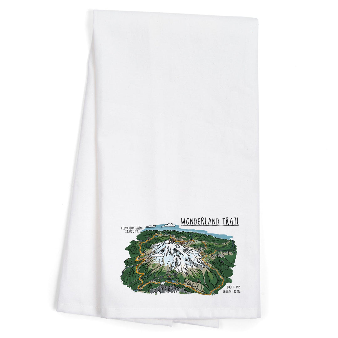 Mount Rainier, Wonderland Trail, Line Drawing, Organic Cotton Kitchen Tea Towels Kitchen Lantern Press