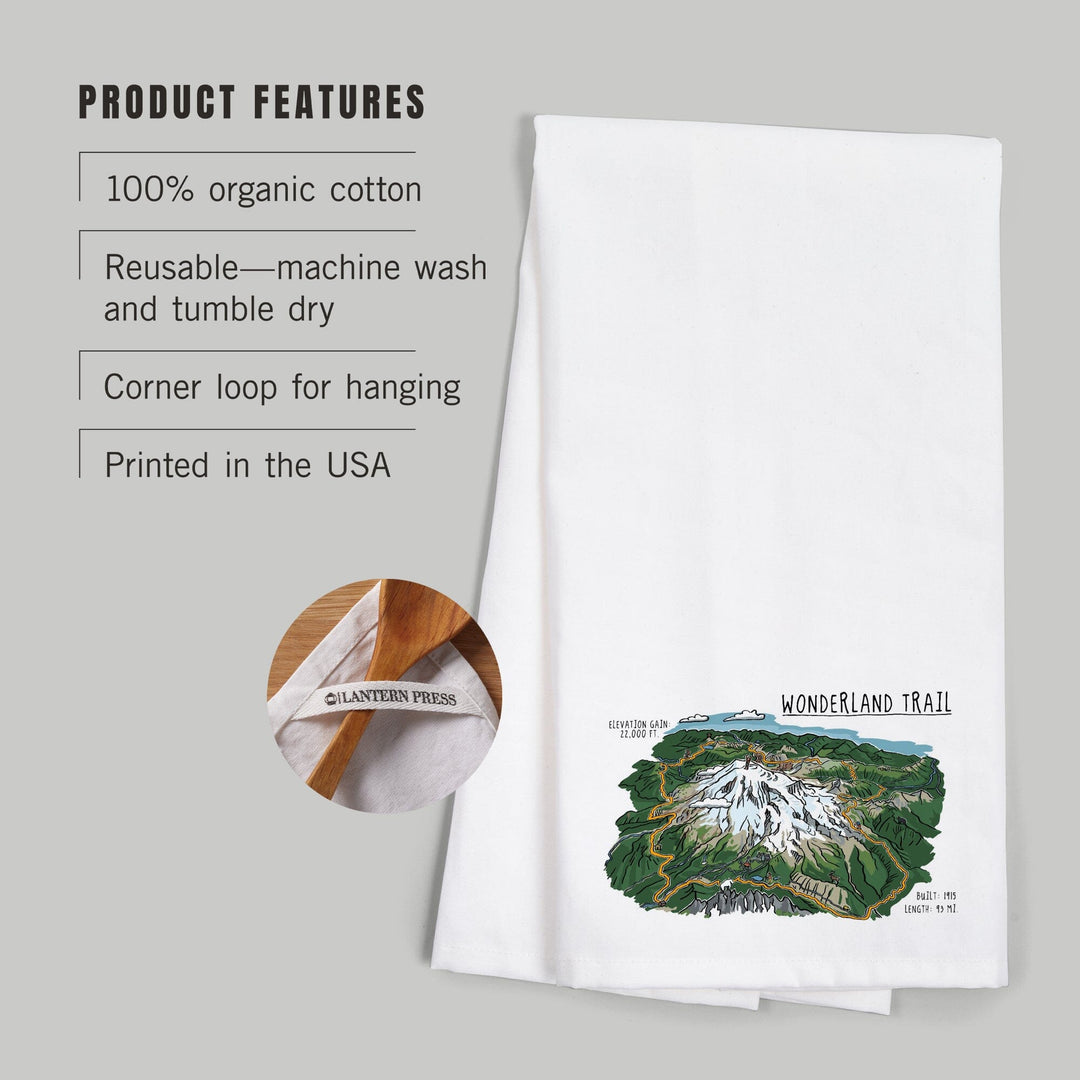 Mount Rainier, Wonderland Trail, Line Drawing, Organic Cotton Kitchen Tea Towels Kitchen Lantern Press