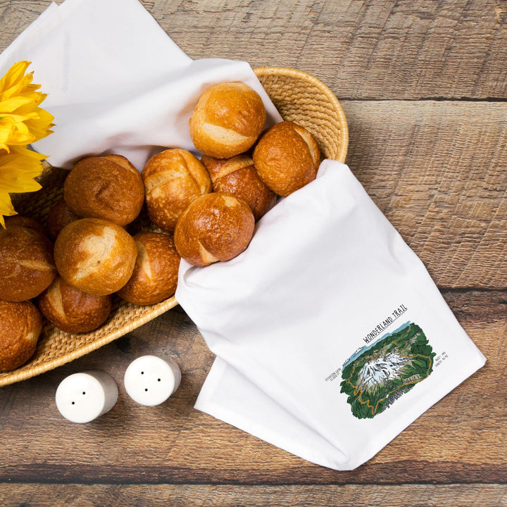 Mount Rainier, Wonderland Trail, Line Drawing, Organic Cotton Kitchen Tea Towels Kitchen Lantern Press