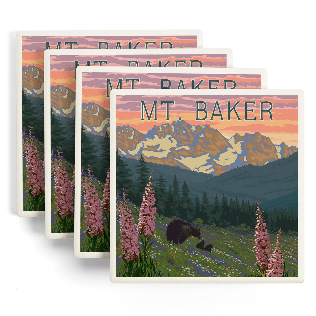 Mt. Baker, Washington, Bear and Spring Flowers, Coasters Coasters Lantern Press