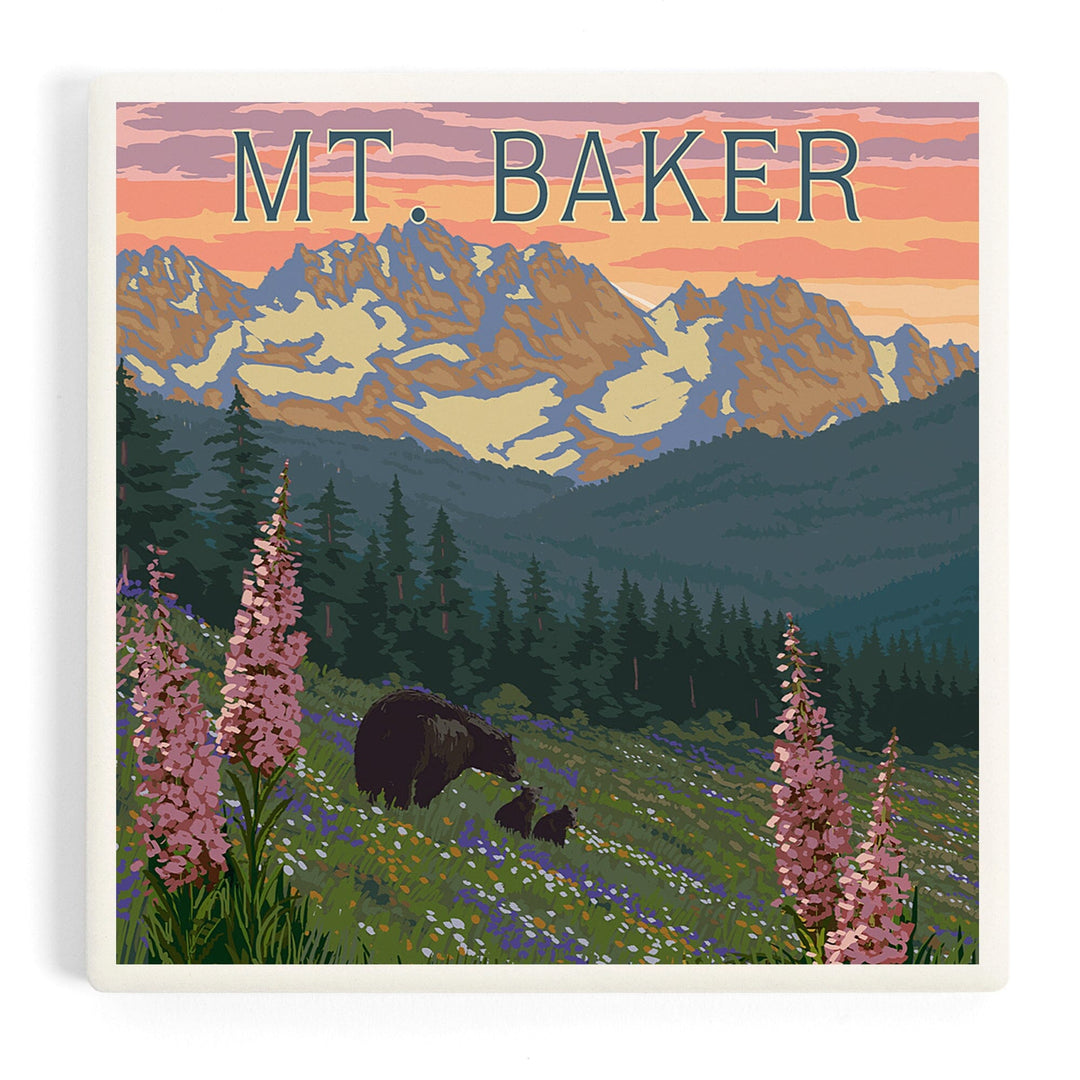 Mt. Baker, Washington, Bear and Spring Flowers, Coasters Coasters Lantern Press Coaster