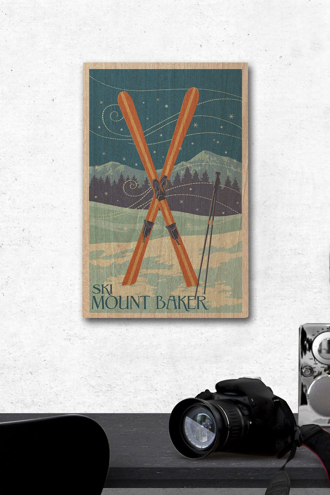Mt. Baker, Washington, Crossed Skis, Letterpress, Lantern Press Artwork, Wood Signs and Postcards Wood Lantern Press 12 x 18 Wood Gallery Print