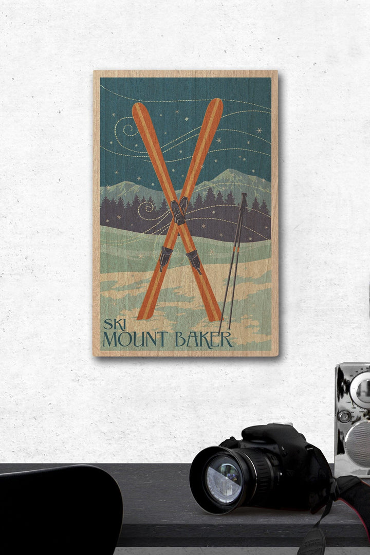 Mt. Baker, Washington, Crossed Skis, Letterpress, Lantern Press Artwork, Wood Signs and Postcards Wood Lantern Press 12 x 18 Wood Gallery Print