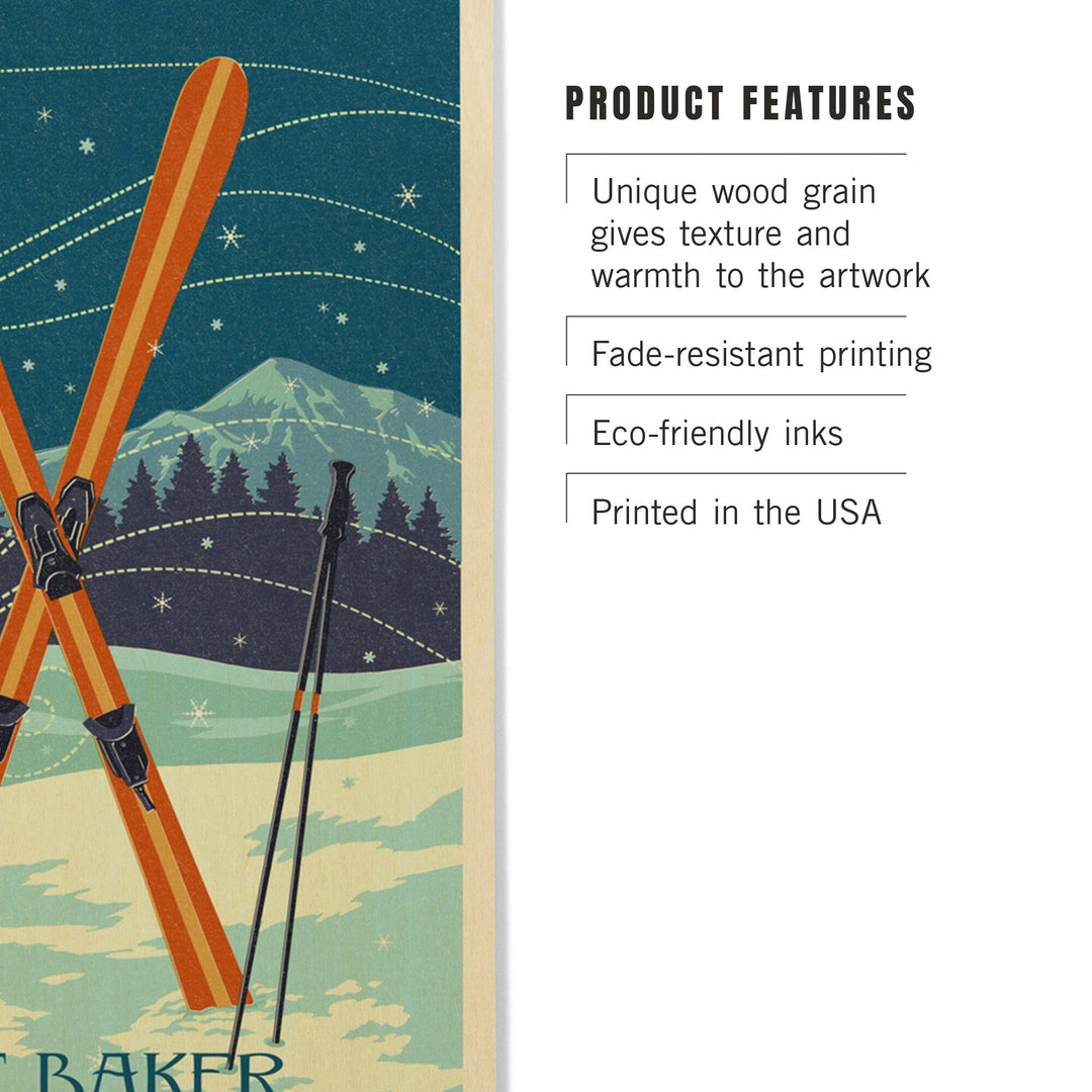 Mt. Baker, Washington, Crossed Skis, Letterpress, Lantern Press Artwork, Wood Signs and Postcards Wood Lantern Press
