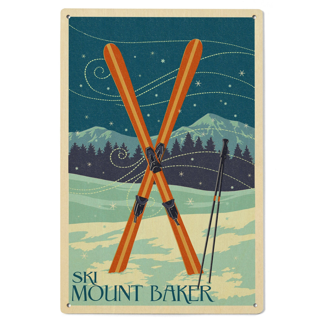 Mt. Baker, Washington, Crossed Skis, Letterpress, Lantern Press Artwork, Wood Signs and Postcards Wood Lantern Press