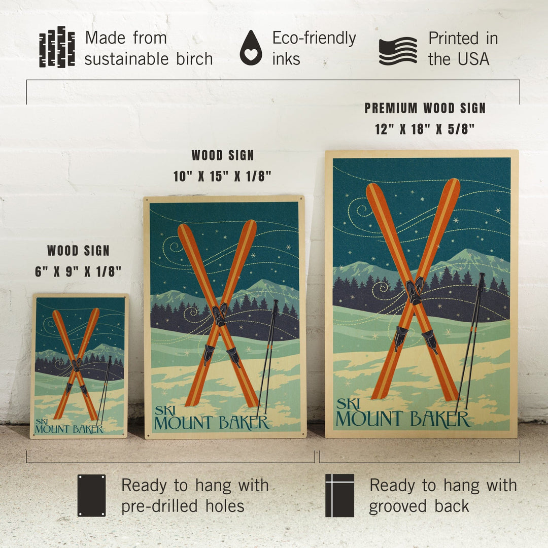 Mt. Baker, Washington, Crossed Skis, Letterpress, Lantern Press Artwork, Wood Signs and Postcards Wood Lantern Press