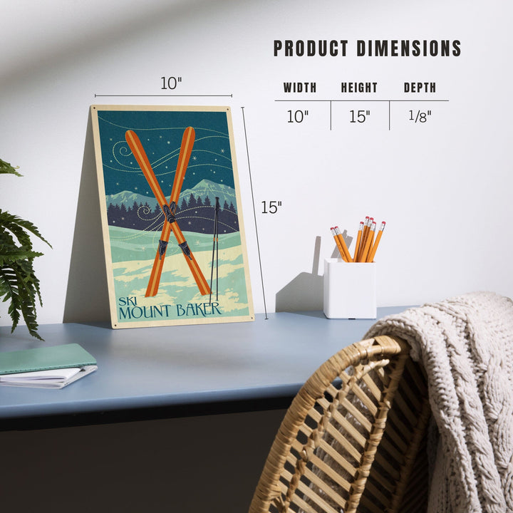 Mt. Baker, Washington, Crossed Skis, Letterpress, Lantern Press Artwork, Wood Signs and Postcards Wood Lantern Press