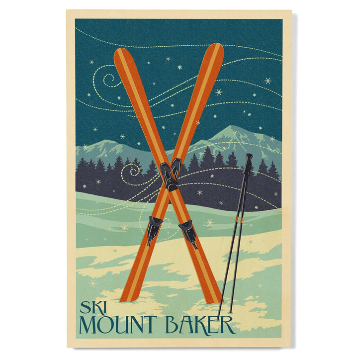 Mt. Baker, Washington, Crossed Skis, Letterpress, Lantern Press Artwork, Wood Signs and Postcards Wood Lantern Press