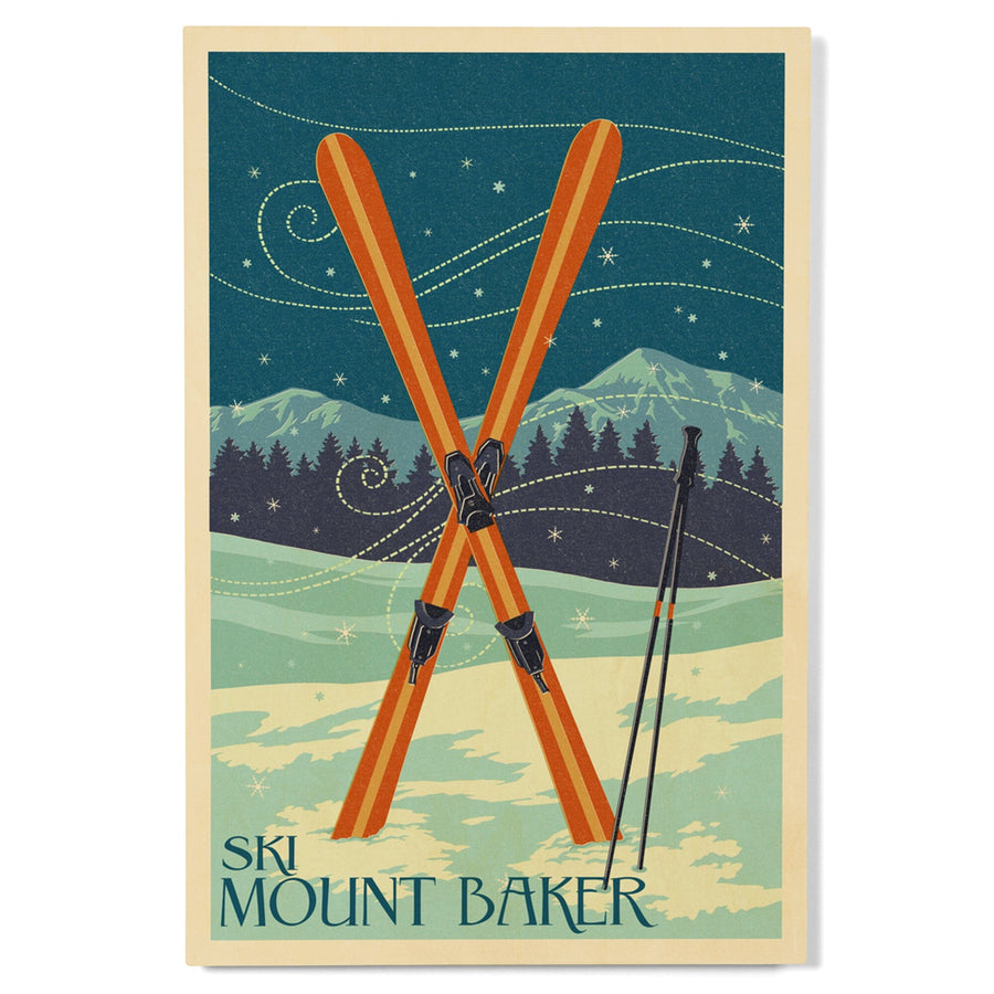 Mt. Baker, Washington, Crossed Skis, Letterpress, Lantern Press Artwork, Wood Signs and Postcards Wood Lantern Press