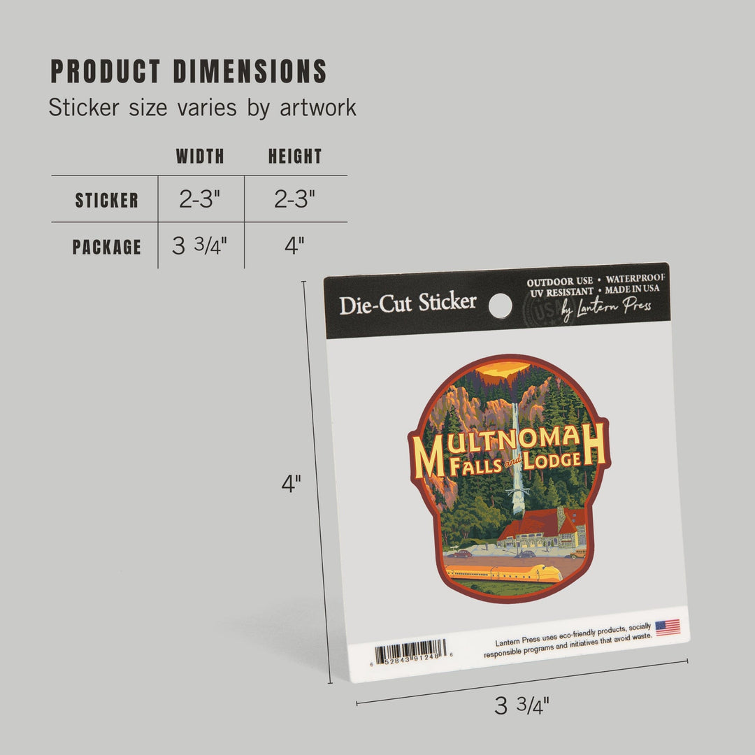 Multnomah Falls, Oregon, Falls and Lodge, Contour, Vinyl Sticker Sticker Lantern Press
