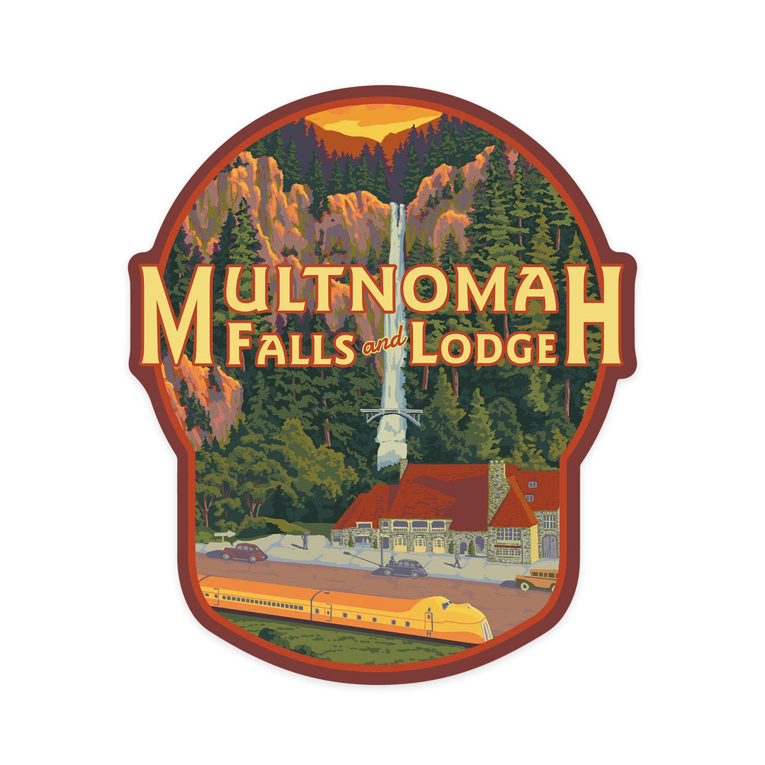 Multnomah Falls, Oregon, Falls and Lodge, Contour, Vinyl Sticker Sticker Lantern Press