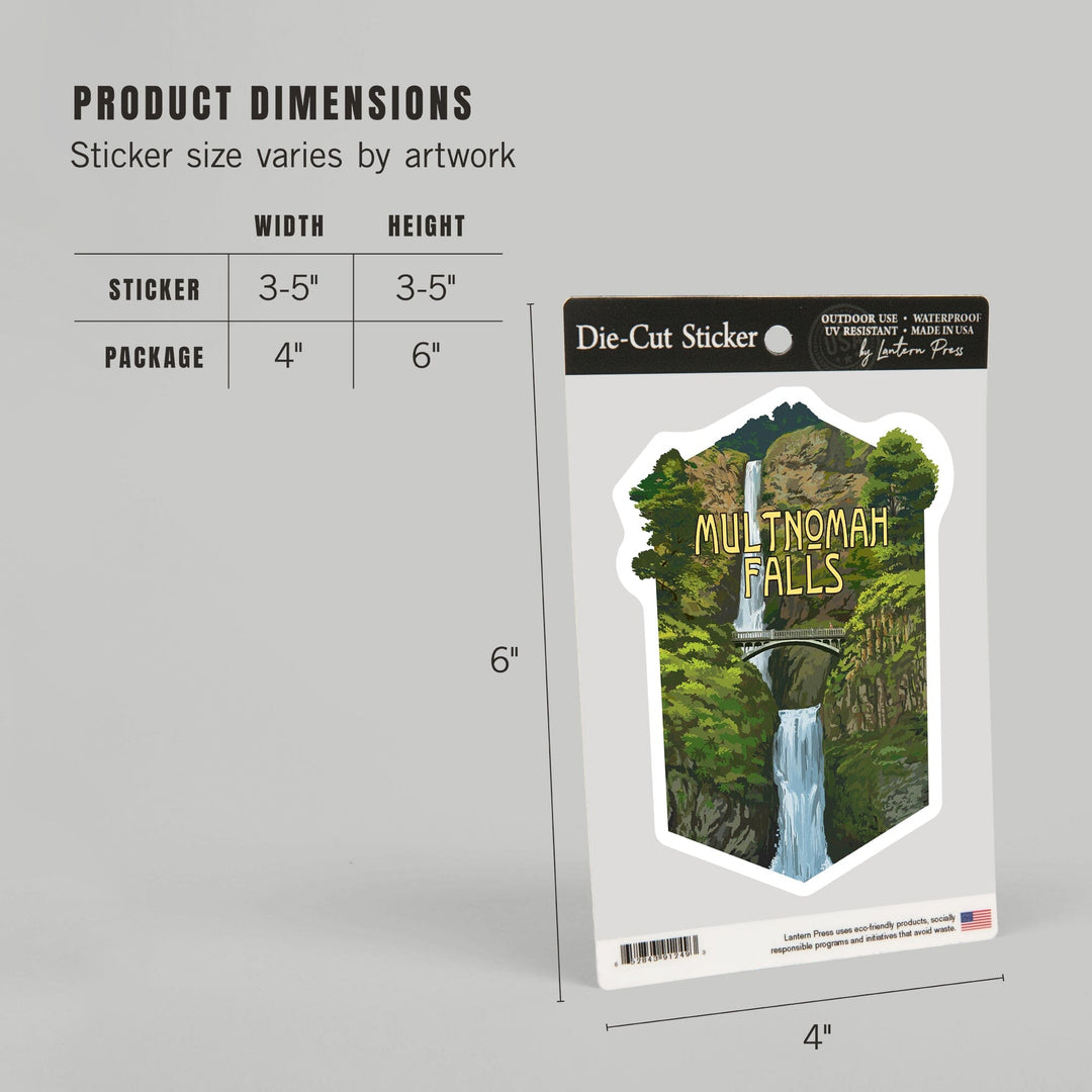 Multnomah Falls, Oregon, Summer View, Contour, Lantern Press Artwork, Vinyl Sticker Sticker Lantern Press