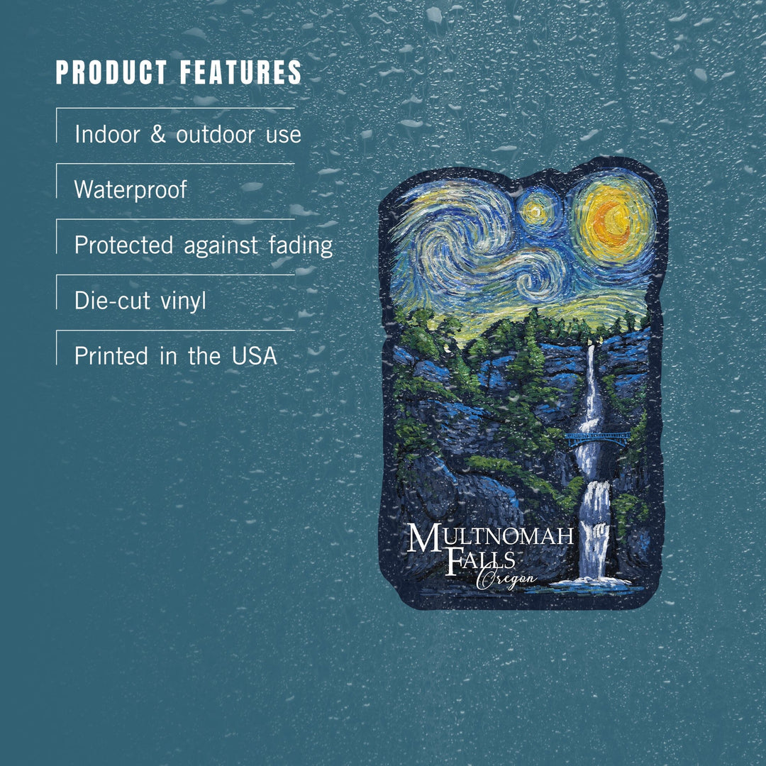 Multnomah Falls, Oregon, Van Gogh Starry Night, Contour, Lantern Press Artwork, Vinyl Sticker Sticker Lantern Press