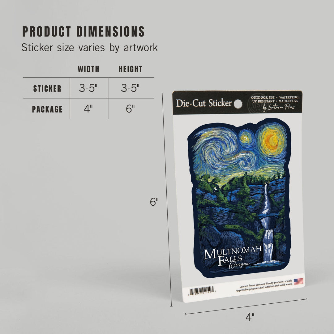Multnomah Falls, Oregon, Van Gogh Starry Night, Contour, Lantern Press Artwork, Vinyl Sticker Sticker Lantern Press
